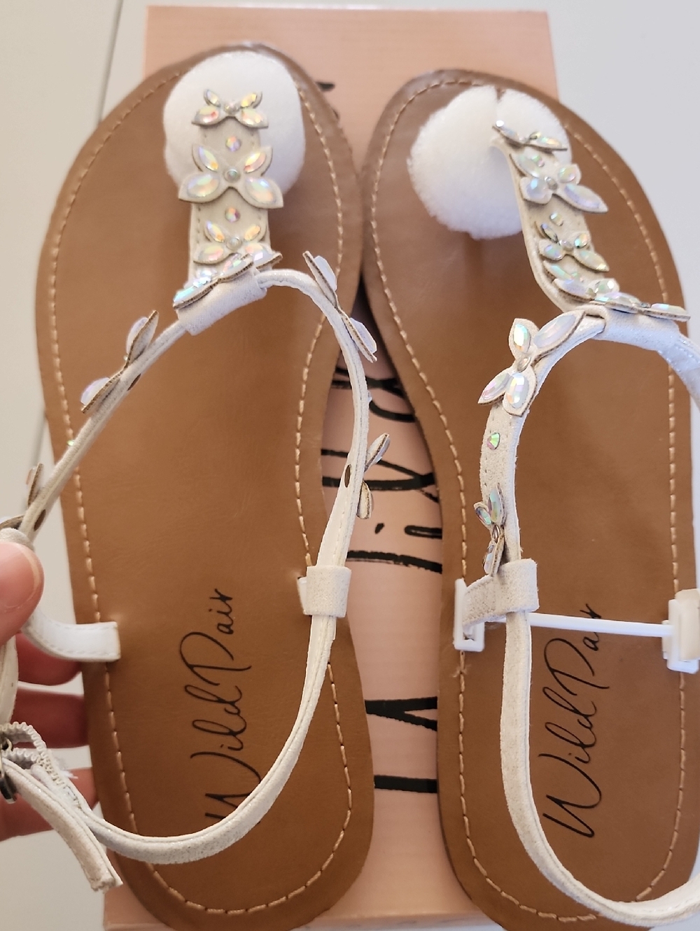 Wild Pair White Jeweled Pom-Toe T-Strap Sandals